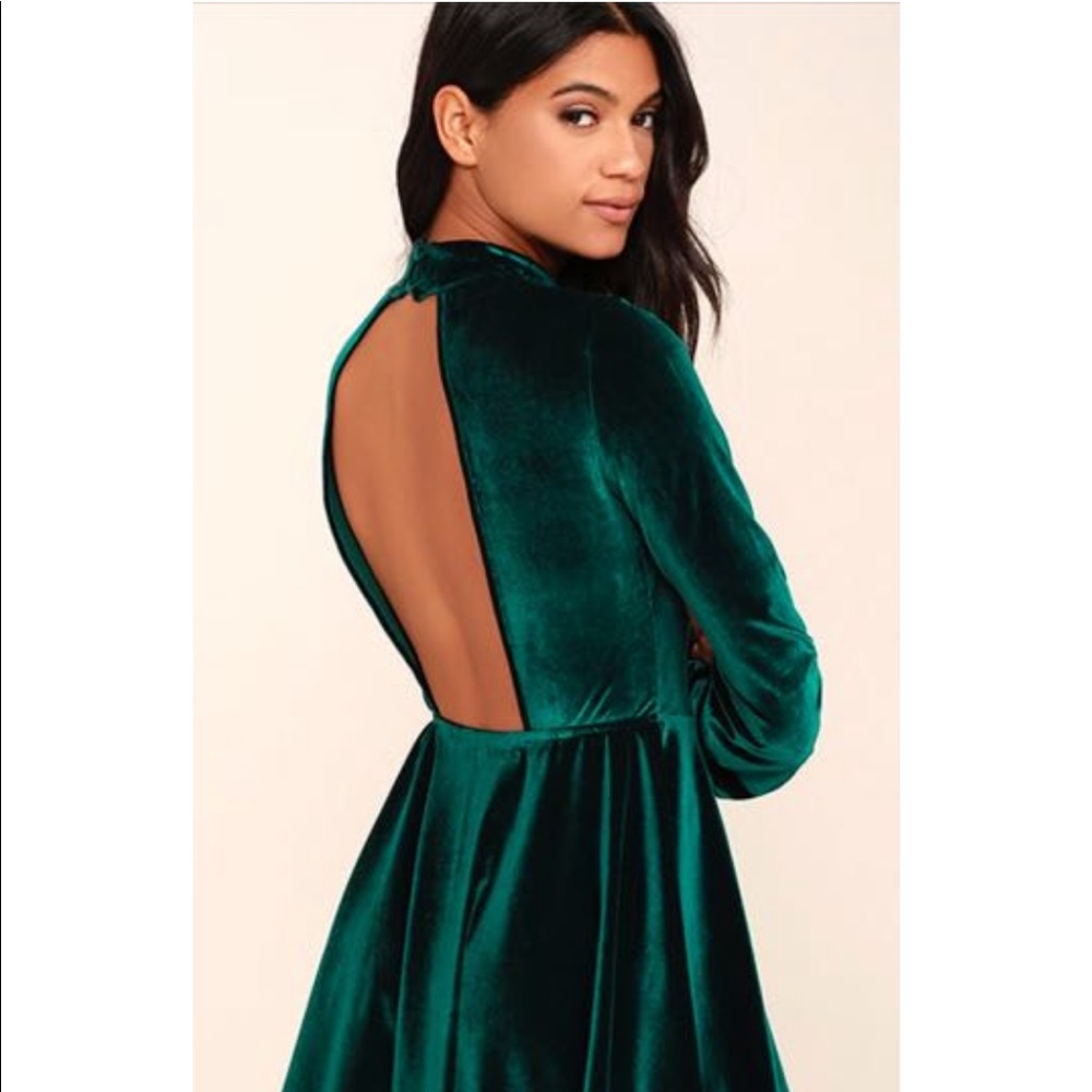 Velvet Green Open Back Long Sleeve Dress